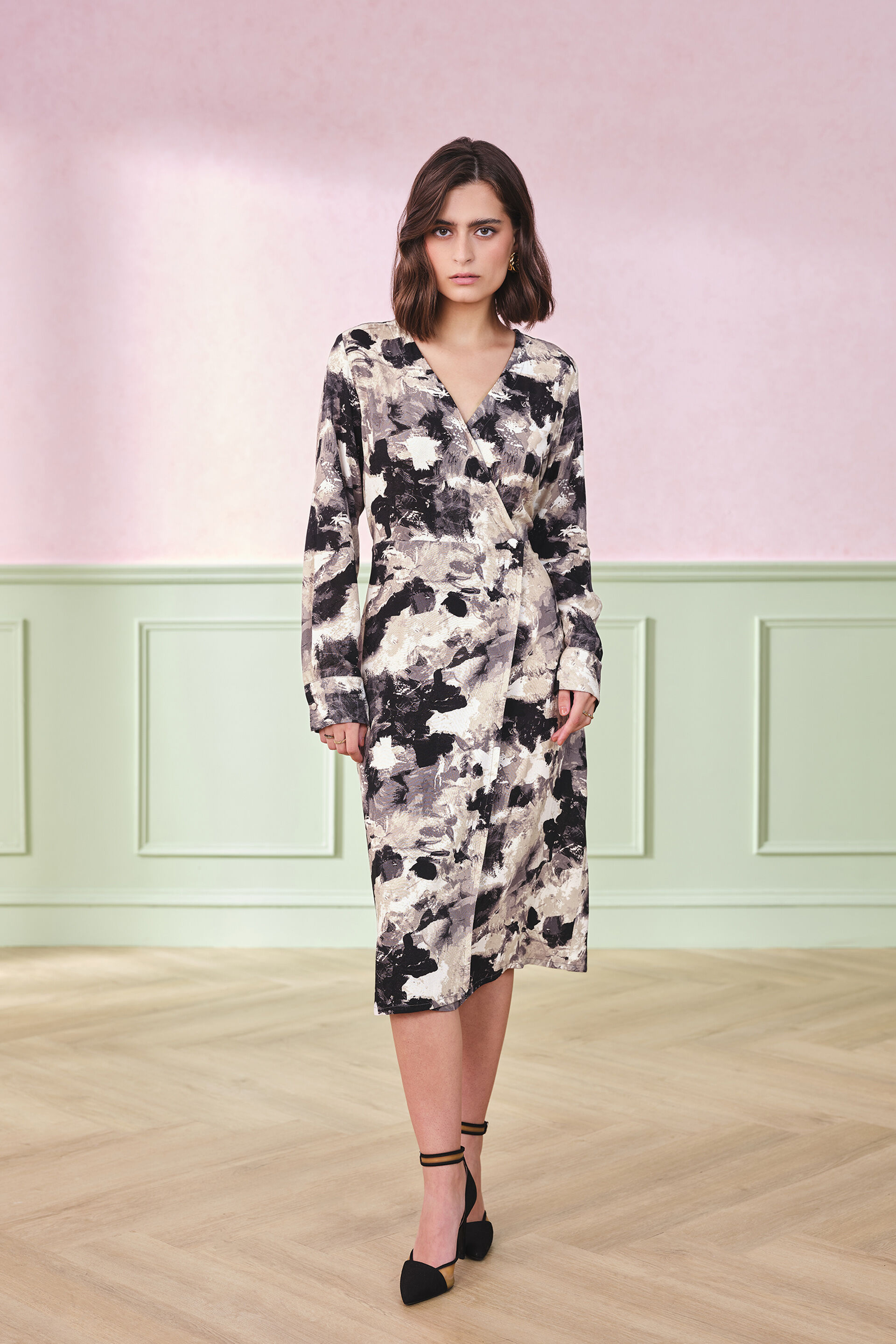 Dapple Dash Wrap Viscose Dress, Black, image 1